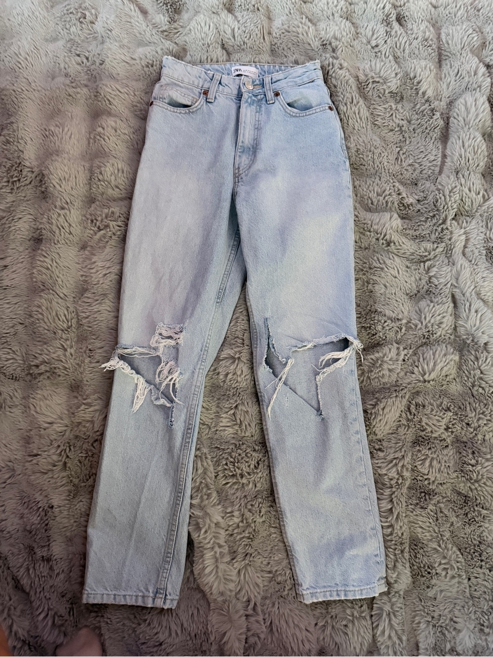 Zara Light Blue Distressed Straight Leg Jeans